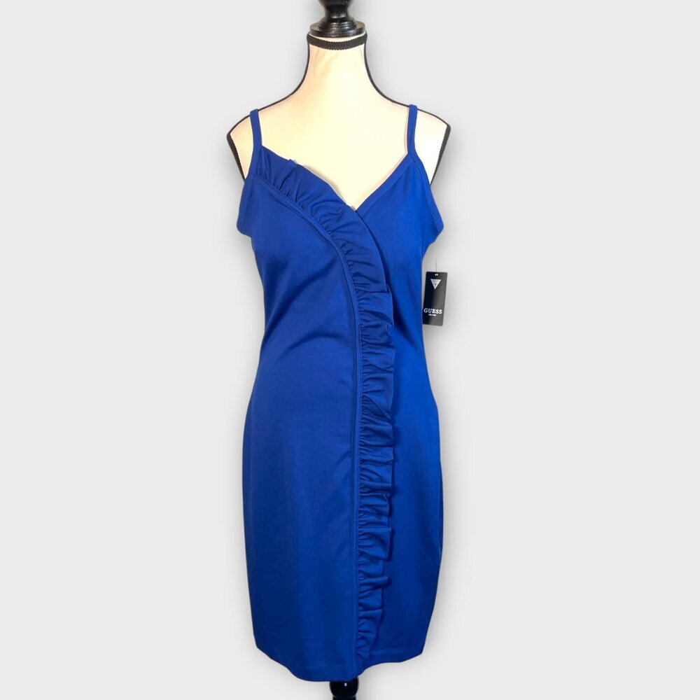 GUESS Ponte Ruffled Sheath Dress 12 Cobalt Blue Bodycon Cocktail Party NEW - Picture 2 of 10